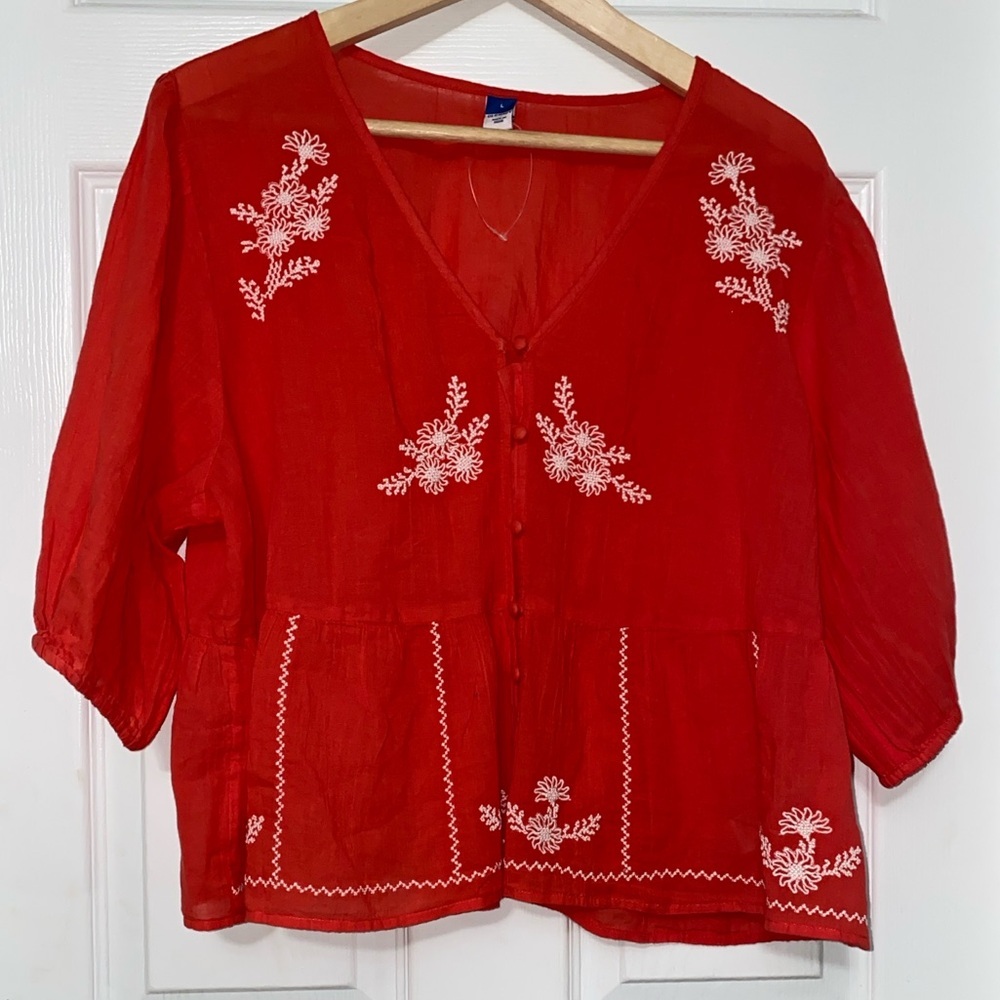 Old Navy Large Coral Blouse with White Embroidery